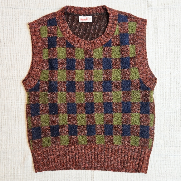 Vintage Jackets & Blazers - Vintage 70s Checkerboard Boucle Knit Vest Green, Blue, Orange Small